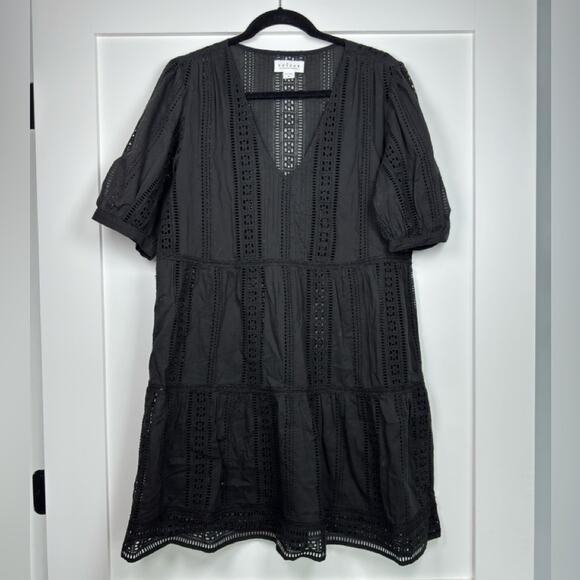Velvet Margaret V-Neck Broderie Anglaise Mini Dress Black Size Medium - Picture 3 of 10